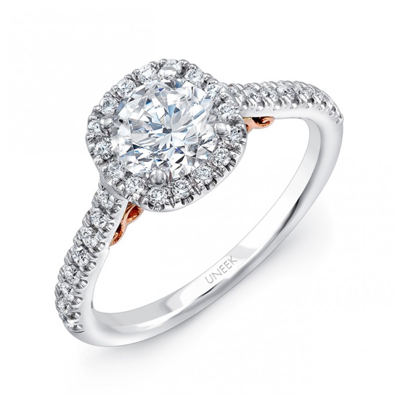 Uneek "Fiorire" Round Diamond Engagement Ring with Cushion-Shaped Halo and Pave Shank in 14K White 