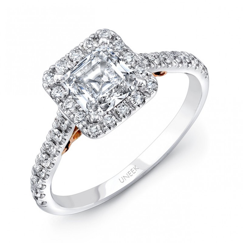 Uneek "Fiorire" Princess-Cut Diamond Engagement Ring with Square Halo and Pave Shank in 14K White Go