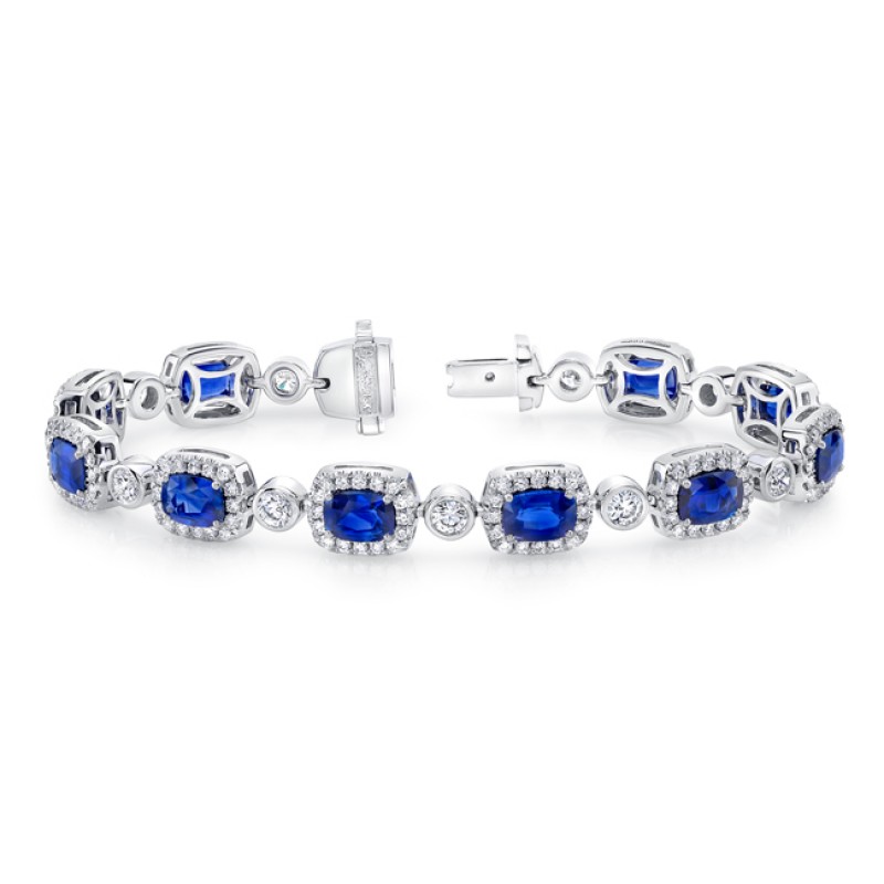 Uneek Cushion-Cut Sapphire Bracelet with Diamond Bezel Stations, in 18K White Gold