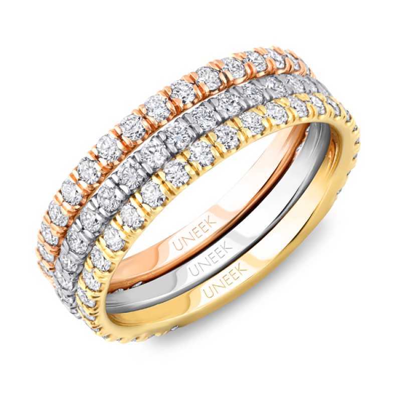 Uneek Tri-Tone Stackable Classic Pave Diamond Wedding Bands in 14K Gold