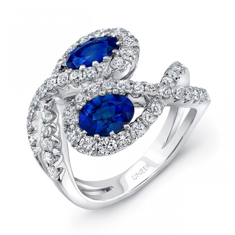 Uneek Twin Oval Blue Sapphire Ring with Infinity-Style Bypass Shank, in 18K White Gold
