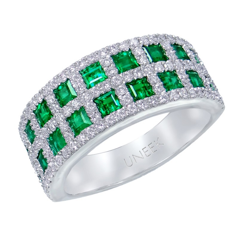 Uneek Princess-Cut Emerald and Pave Diamond Band in 14K White Gold