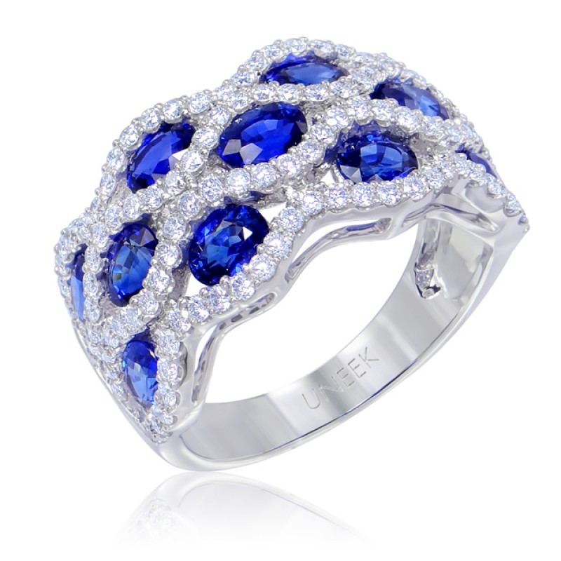 Uneek Antique-Style Blue Sapphire and Diamond Band in 14K White Gold