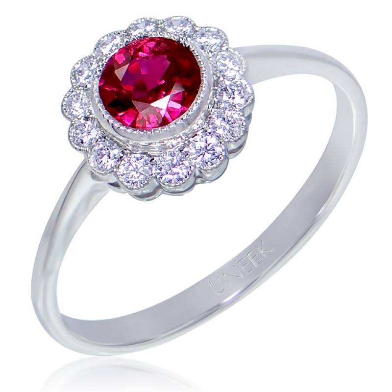 Uneek Bezel-Set Round Ruby Ring with Scalloped Diamond Halo and Vintage-Style Milgrain, in 14K White