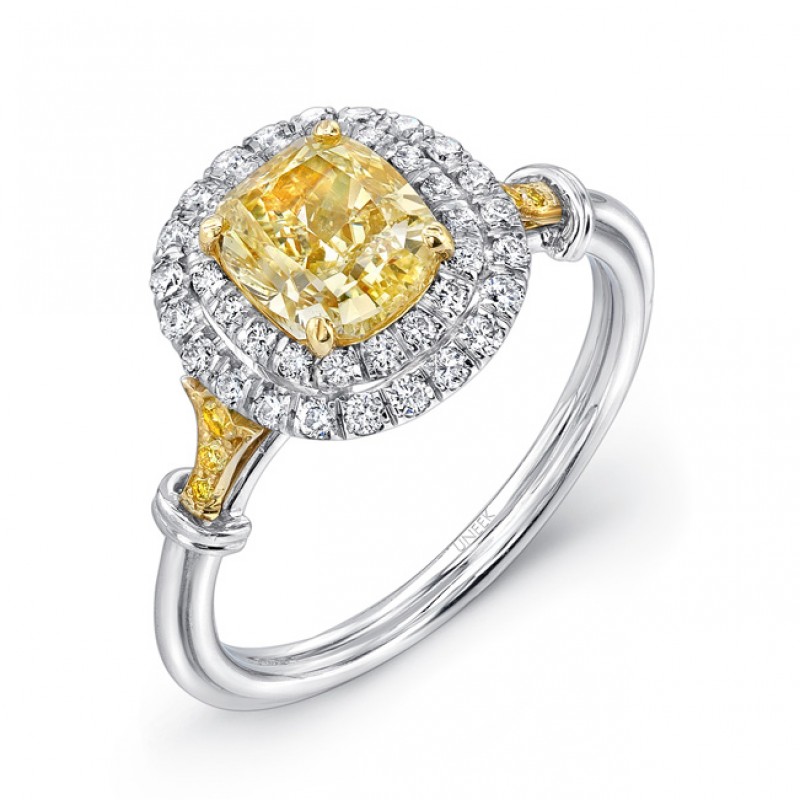 Uneek Natureal Fancy Yellow Cushion Cut Diamond Engagement Ring LVS813