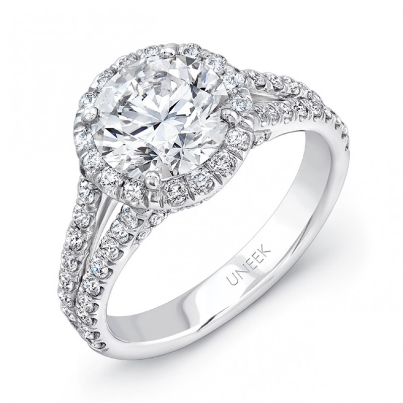 Uneek Split Shank Round Halo Diamond Engagement Ring LVS873
