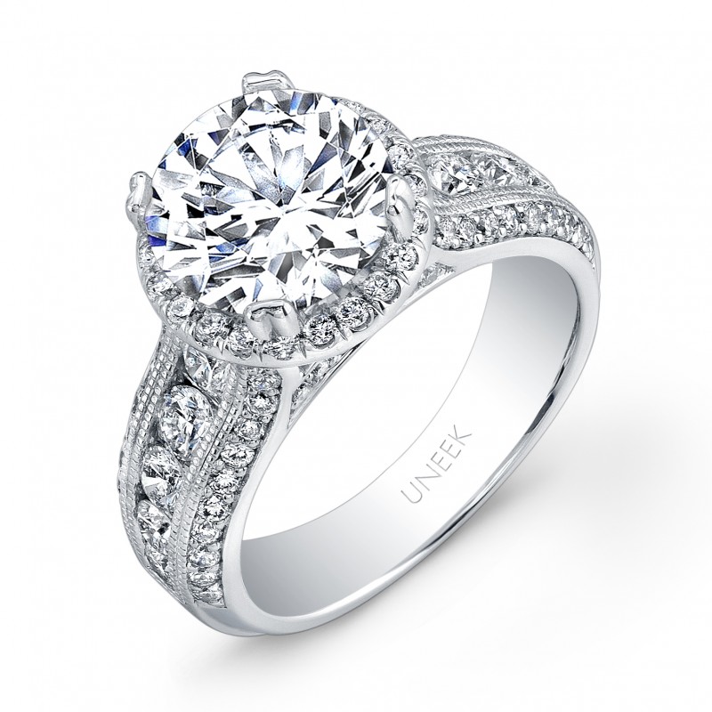 Uneek Round Diamond Wide-Band Halo Engagement Ring with Milgrain Accents and Three-Row Channel- and 