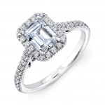 Uneek "Fiorire" Emerald-Cut Diamond Halo Engagement Ring with Pave Shank and Under-the-Head Filigree