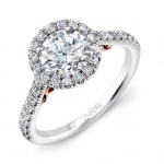 Uneek "Fiorire" Round Diamond Halo Engagement Ring with Pave Shank in 14K White Gold, and Under-the-