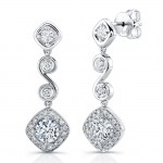 Uneek Round Diamond Dangle Earrings with Tilted Cushion Halos and Swirl-Style Links, in Platinum