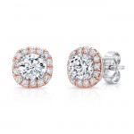 Uneek Round Diamond Stud Earrings with Cushion-Shaped Rose Gold Halos