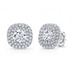 Uneek Round Diamond Stud Earrings with Dreamy Cushion-Shaped Double Halos
