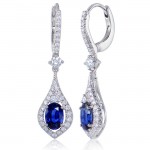 Uneek Oval Blue Sapphire Dangle Earrings with Teardrop-Shaped Pave Diamond Halos, in 14K White Gold