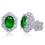 Uneek Oval Emerald Stud Earrings with Diamond Double Halos, in 14K White Gold