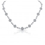 Uneek Round Diamond Necklace with Tilted Cushion Halos and Swirl-Style Links, in 18K White Gold