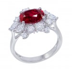 Uneek Oval Ruby Ring with Antique-Style Flower-Shaped Diamond Halo, in 18K White Gold