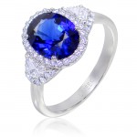 Uneek Three-Stone Oval Blue Sapphire and Trap Cut Diamond Halo Ring in 14K White Gold 