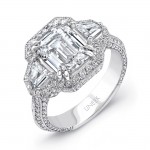 Uneek Deco-Inspired Diamonds-All-Around Emerald-Center Three-Stone Engagement Ring, in Platinum