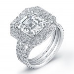 Uneek 4-Carat Asscher-Cut Diamond Engagement Ring with Double Halo and Triple Split Shank, in Platin