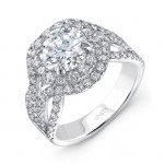 Uneek Round Diamond Pave Double Halo Engagement Ring with Ribbon-Style Outer Halo, in 18K White Gold