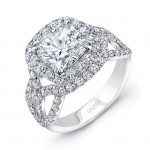 Uneek Cushion-Cut Diamond Pave Double Halo Engagement Ring with Intricate Ribbon-Style Shoulders, in