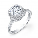 Uneek Classic Round-Diamond-on-Cushion-Halo Engagement Ring with U-Pave Upper Shank, in 14K White Go