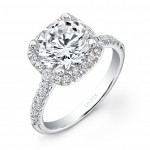 Uneek Contemporary Round-Diamond-on-Cushion-Halo Engagement Ring with U-Pave Upper Shank, in 14K Whi