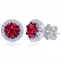 Uneek Ruby Cluster Stud Earrings with Round Diamond Halo, in 14K White Gold