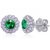 Uneek Bezel-Set Round Emerald Stud Earrings with Scalloped Diamond Halos and Vintage-Style Milgrain,