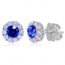 Uneek Round Blue Sapphire Stud Earrings with Scalloped Diamond Halos, in 14K White Gold
