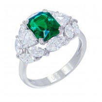Uneek Three-Stone Emerald Ring with Unique Marquise-Cut Diamond Halo, in 18K White Gold