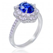 Uneek Oval Blue Sapphire Ring with Scalloped Diamond Double Halo and U-Pave Shoulders, in 14K White 
