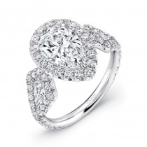 Uneek Pear-Center Three-Stone Engagement Ring with Pave Halo, in Platinum
