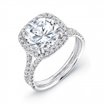 Uneek 3-Carat Round Diamond Engagement Ring with Cushion-Shaped Halo and Pave Double Shank, in 18K W