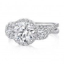 Uneek Three-Stone Round Diamond Engagement Ring with Round Center Halo and Pave Double Shank, in 14K