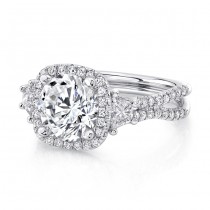 Uneek Three-Stone Engagement Ring with Round Center on Cushion-Shaped Halo and Pave Double Shank, in