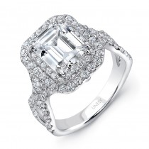 Uneek Emerald-Cut Diamond Pave Double Halo Engagement Ring with Ribbon-Style Shank, in 18K White Gol