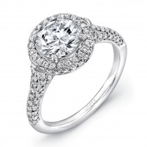 Uneek Round Diamond Engagement Ring with Two-Sided Pave Halo and Three-Sided Pave Upper Shank, in 14