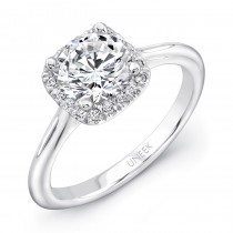 Uneek Classic Round-Diamond-on-Cushion-Halo Engagement Ring with Sleek, Stoneless Unity "Tri-Fluted"