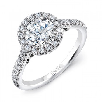 Uneek "Fiorire" Round Diamond Halo Engagement Ring with Pave Shank and Under-the-Head Filigree, in 1