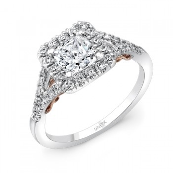 Uneek "Cancelli" Cushion Diamond Halo Engagement Ring with Pave Split Shank in 14K White Gold, and U