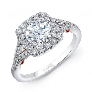Uneek "Cancelli" Round Diamond Engagement Ring with Cushion-Shaped Halo and Pave Split Shank in 14K