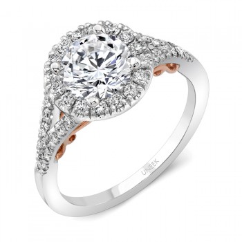 Uneek "Cancelli" Round Diamond Halo Engagement Ring with Pave Split Shank in 14K White Gold, and Und