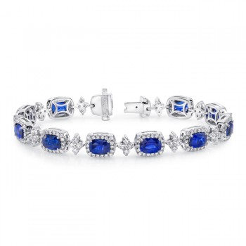 Uneek Cushion-Cut Sapphire Bracelet with Floret-Shaped Diamond Links, in 18K White Gold