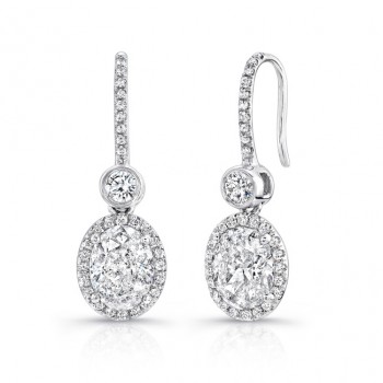 Uneek Oval Diamond Drop Earrings with Bezel-Set Round Diamonds, in 18K White Gold