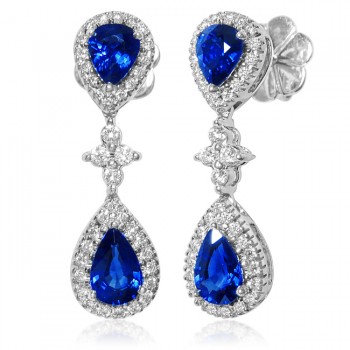 Uneek Royalty-Inspired Blue Sapphire Double Teardrop Dangle Earrings with Pave Diamond Halos and Flo