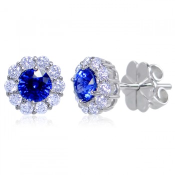Uneek Round Blue Sapphire Stud Earrings with Scalloped Diamond Halos, in 14K White Gold
