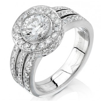 Uneek 18K White Gold Round Diamond Halo 3 Split Shank Engagement Ring LVS097