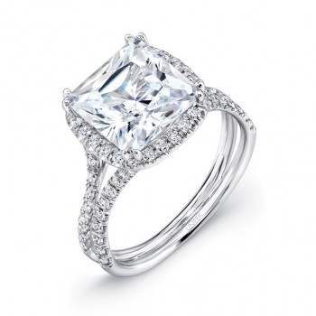 Uneek 3-Carat Cushion-Cut Diamond Halo Engagement Ring with Pave Double Shank, in 18K White Gold