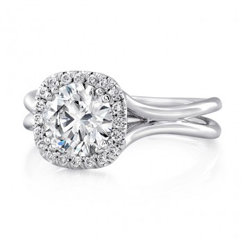 Uneek Round Diamond Engagement Ring with Cushion-Shaped Halo and Sleek, Stoneless Double-Shank, in 1